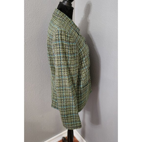 JM Collection Womens Tweed Button-Up Blazer Size 12 Green Blue Pockets Lined - Picture 3 of 9